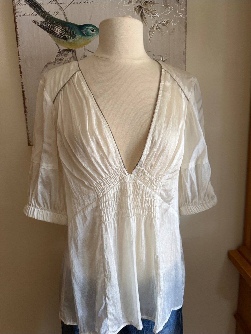 White V-Neck Peasant Blouse Nanette Lepore